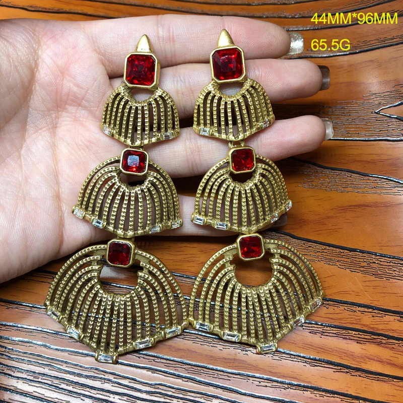 Ruby Long Shoulder Scanning Exaggerated Earrings Retro Fashion Special-Interest All-Match Women's Trendy Russian Real Gold Hollo