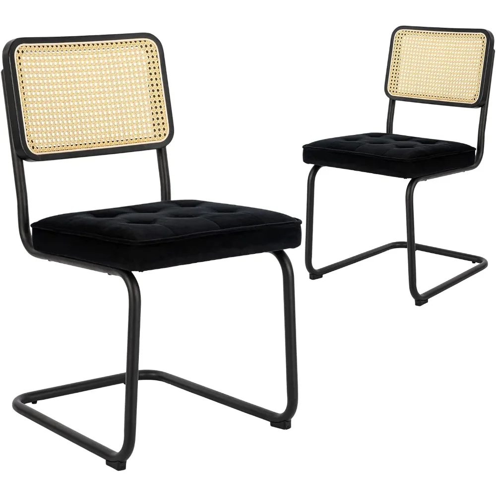 

Mid Century Modern Dining Chairs Set of 2, Velvet Rattan Dining Room Kitchen Side Chairs with Metal Chrome Legs and Upholstered