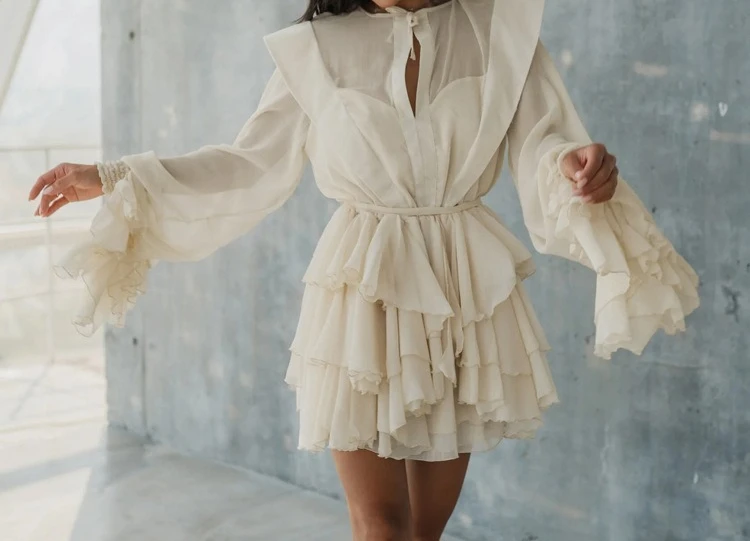 

Women's Clothing 2025 New Mesh Perspective Design Cake Skirt Long Sleeved Lace Up Short Dress