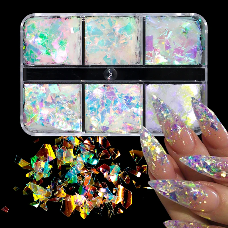 6 Grids Iridescent White Irregular Nail Sequins AB Mermaid Flakes Butterfly Heart Pailliette Glitter For Acrylic Nails Tools