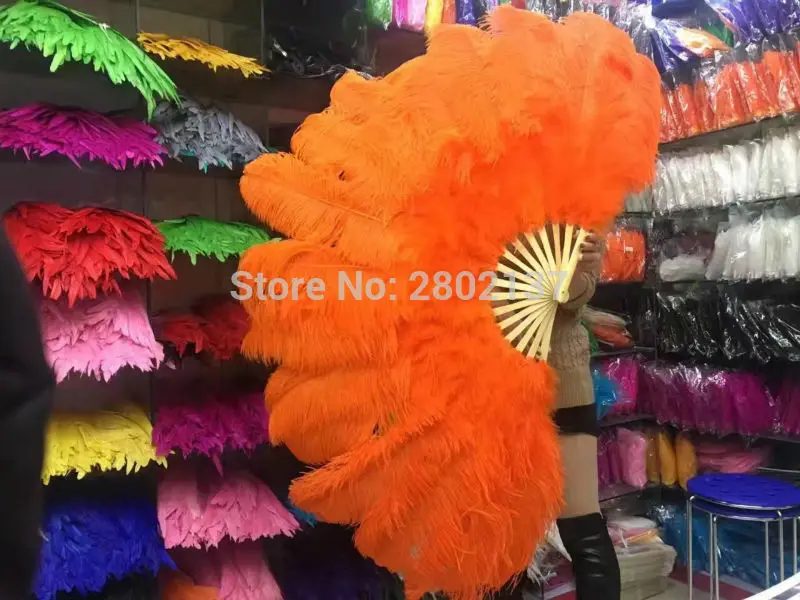 Big Ostrich Feathers Fan With Bamboo Staves for Belly Dance Halloween Party Ornament Decor Necessary, 13 bones