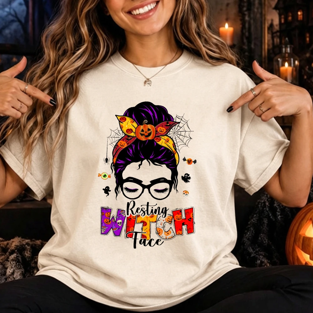 Resting Witch Face Shirt Halloween Messy Bun Graphic Tee Spooky Pumpkin Witchy Cotton Short Sleeve Vintage Fall Party Outfits