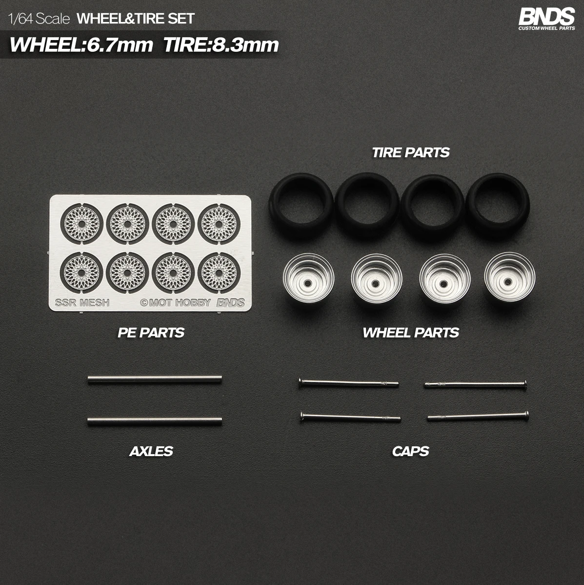 1/64 Alloy Wheels With Rubber Tires By BNDS Assembly Rims Modified Parts for Model Car Refitted VIP Style No.64053-64088