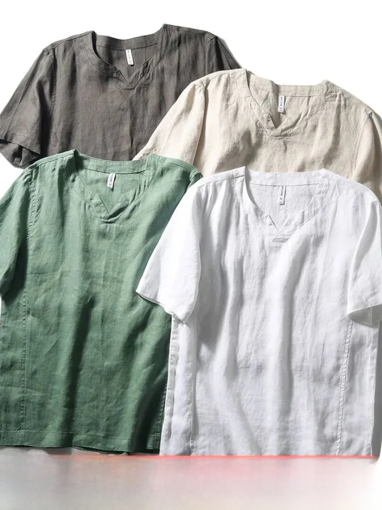 

Summer Men's Casual V-Neck Short Sleeve Shirt Linen Fabric Lightweight Luxury Chinese Style Breathable Comfortable Loose Fit