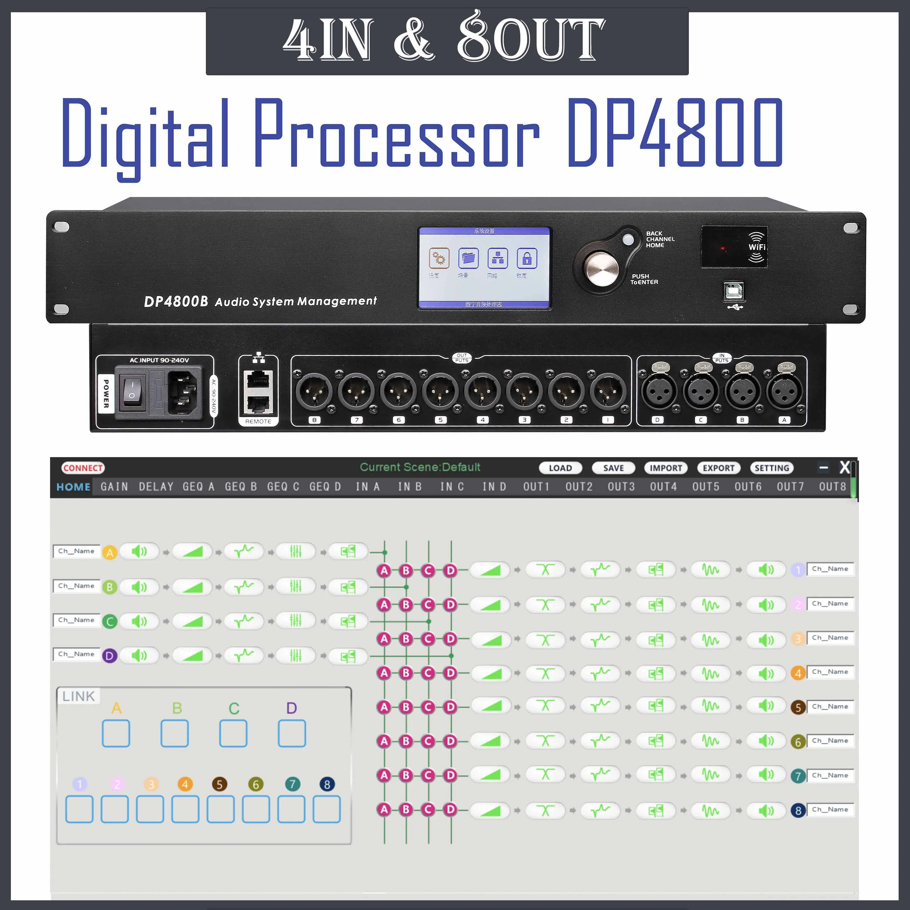 

LCZ AUDIO DP4800 Digital Audio Processor Professional DSP System For Speaker 4In 8Out USB / WIFI / RS485 Support 85V-260V