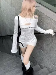 Bodysuit Vintage Women Clothes 90s Korea Streetwear Letter Slim Long sleeves Hoodie Jumpsuit Femme Aesthetic Harajuku Bodysuits