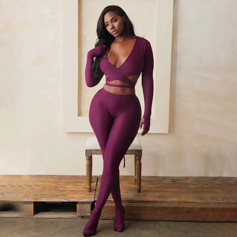 Sexy Crop Bandage Tops Two Piece Pant Set 2025 Women Winter Autumn Tracksuits Sweatsuit Y2K Clothes 2 Piece Pant Sets Outfits