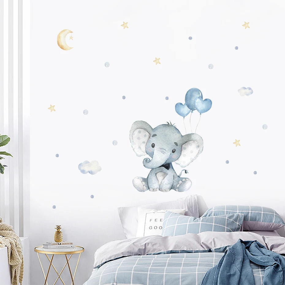 Cartoon Elephant Blue Balloon Watercolor Wall Stickers Removable Nursery Wall Decals Print Kids Baby Room Interior Home Decor