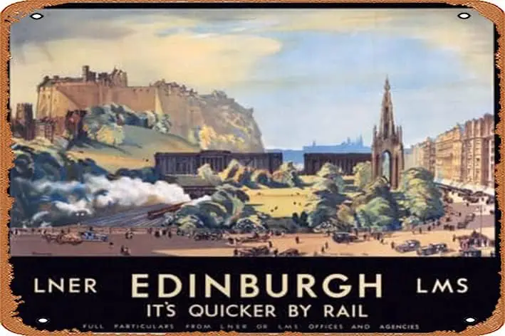 TDAMZPC Vintage Metal Tin Signs Scottish Railway Travel Poster Print, Edinburgh it;s Quicker by Rail. LNER Funny Tin Sign Bar Pu