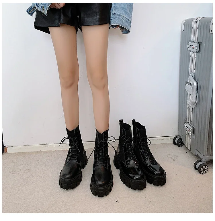 Ankle Boots Patent Leather Boots for Women Lace Up Platform Boots Women Autumn Winter Keep Warm Non-slip Short Booties Ladies