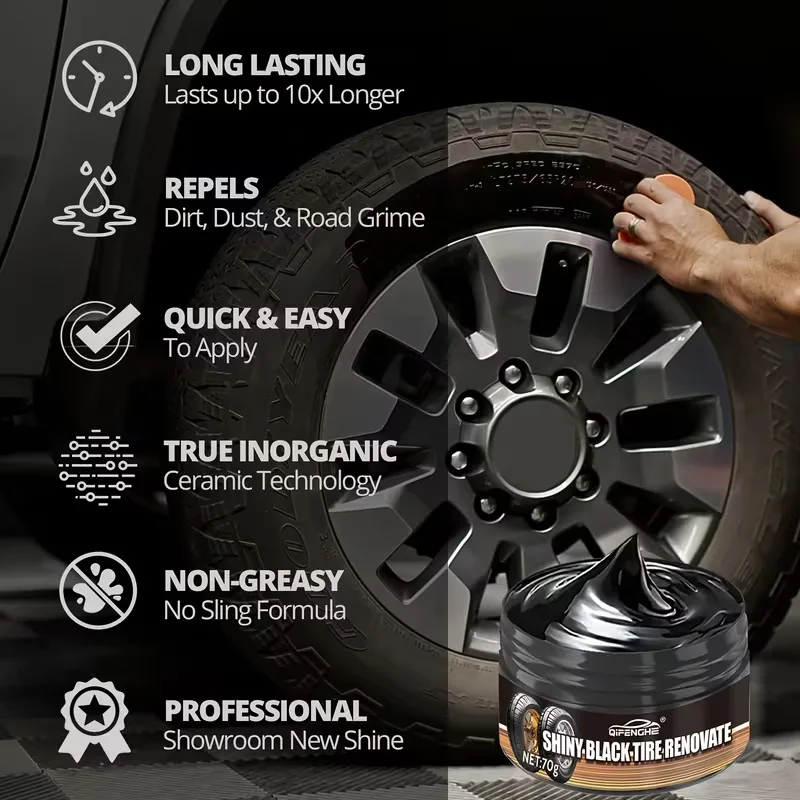 QIFENGHE Shiny Black Tire Renovate Cream - Restore Gloss, Anti-Aging & Protect Tires, 70g