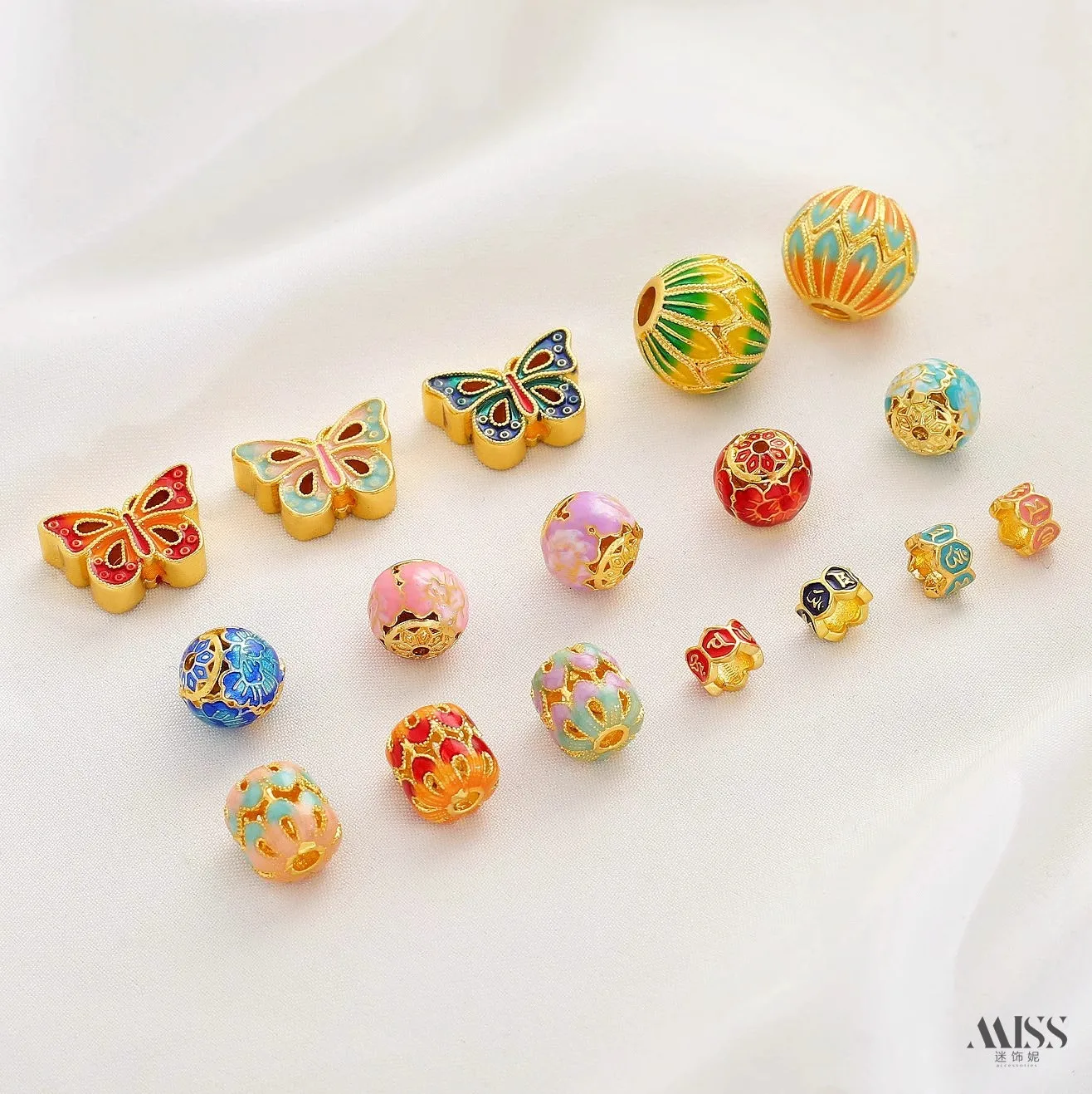 18K Gold Plated Cloisonne Enamel Butterfly Spacer Beads, Six Words Mantra Ring, Double Layer Lotus Beads DIY Bracelet Accessorie