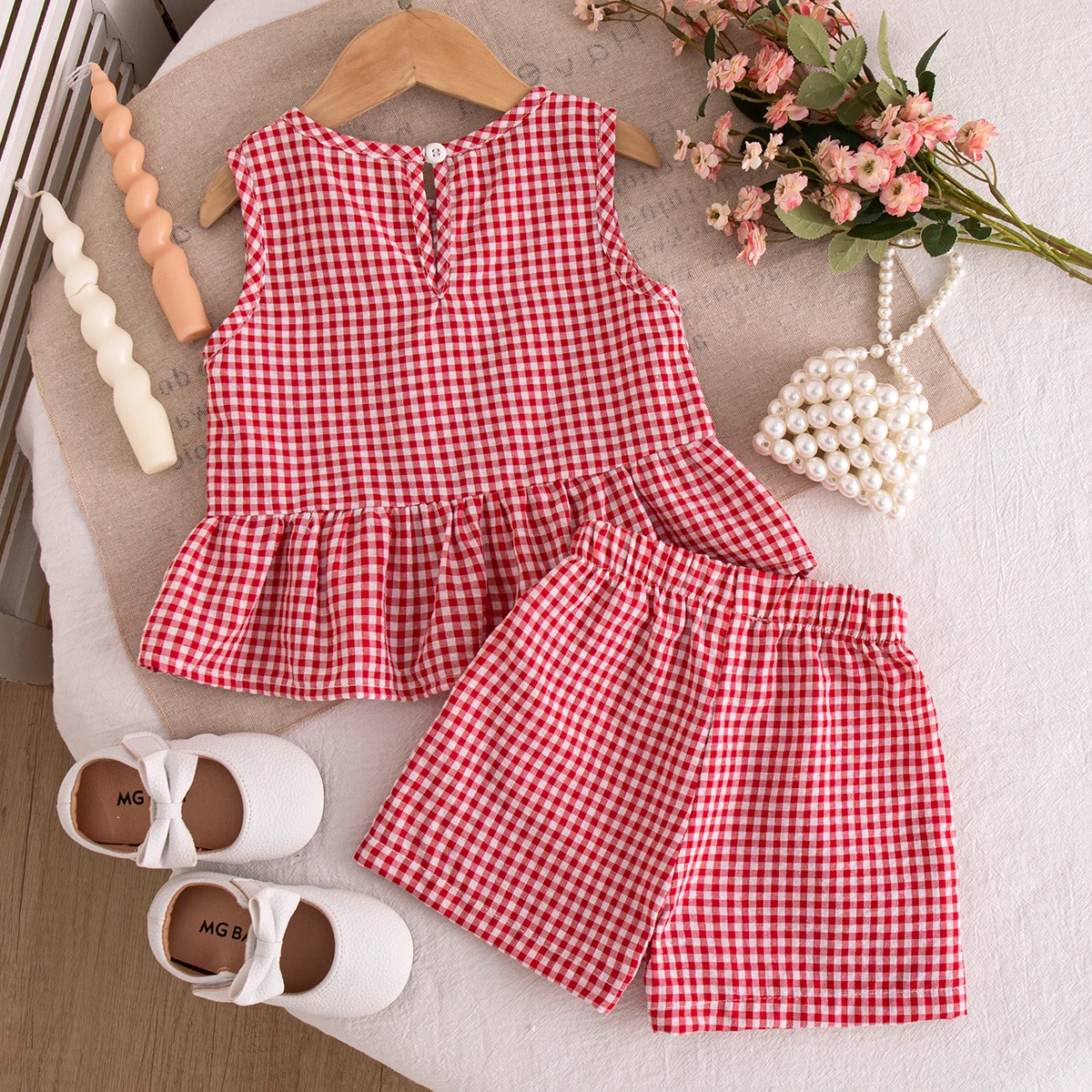 Summer New Red Checkered Baby Girl Two-Piece Sweet Bow Children'S Clothing (6 Months -3 Years Old)