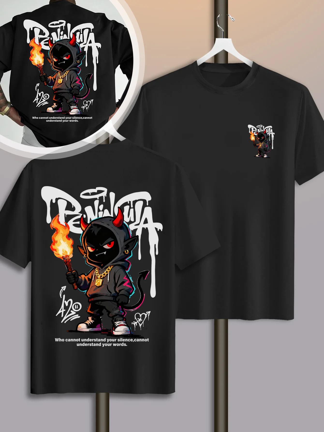 Streetwear-Style Cartoon-Teufel-Graffiti-Print auf Premium 100% Baumwolle Herren T-Shirt Perfekt für Sommerlichen Urbanen Stil – Detail 5