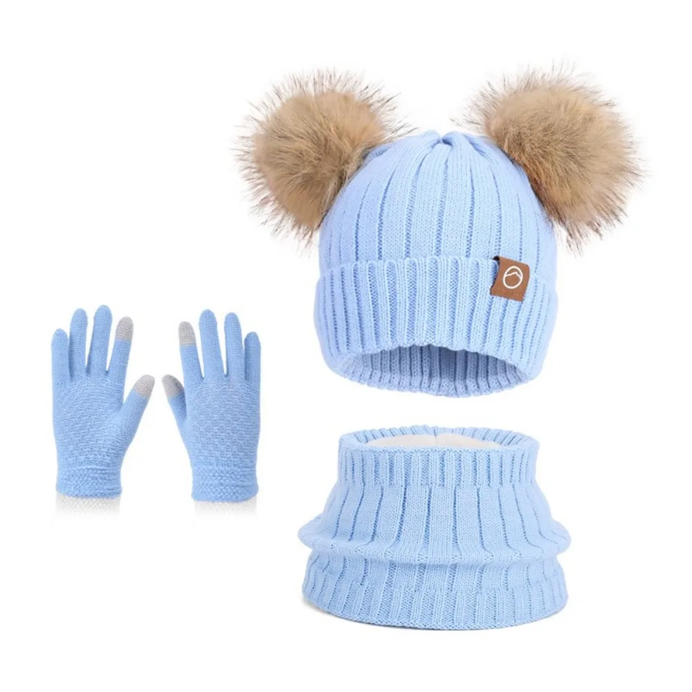 

3Pcs/ Set Fleece Lined Kids Hat Scarf Gloves Set Thermal Protection Knitted Cap Children's Beanie Cap Warm Thicken