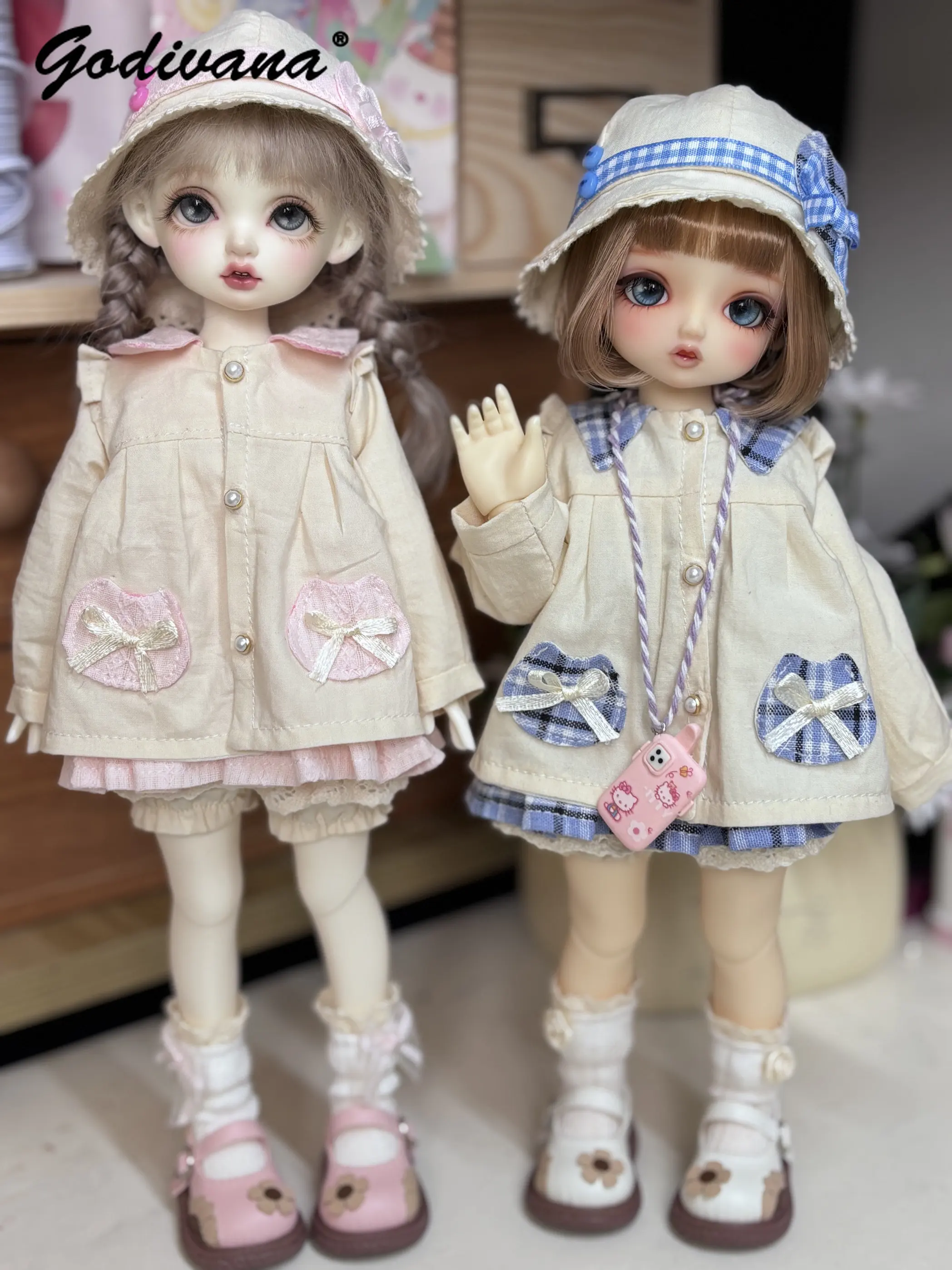 1/6 BJD Doll Clothes Sweet Pastoral Style Plaid Pocket Coat Sundress and Shorts Hat with Mini Phone Pendant for 1/4 BJD Doll