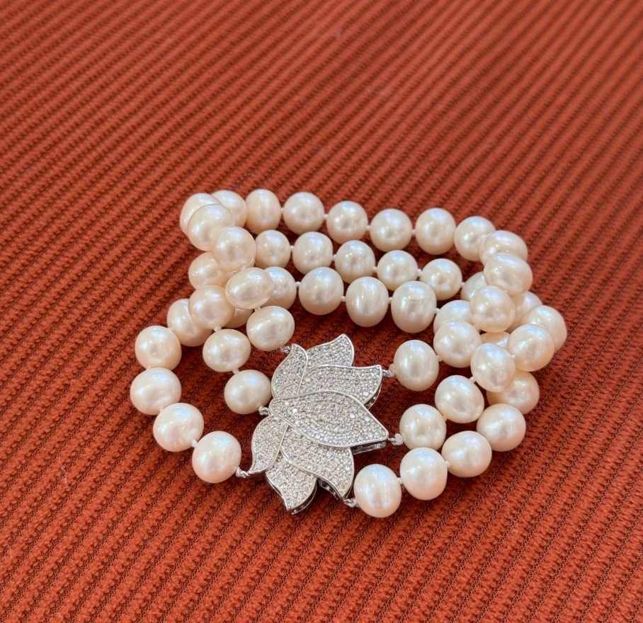 Three strands AAA 9-10mm Natural Authentic South Sea White Pearl Bracelet 18cm Comes as a Birthday Gift
