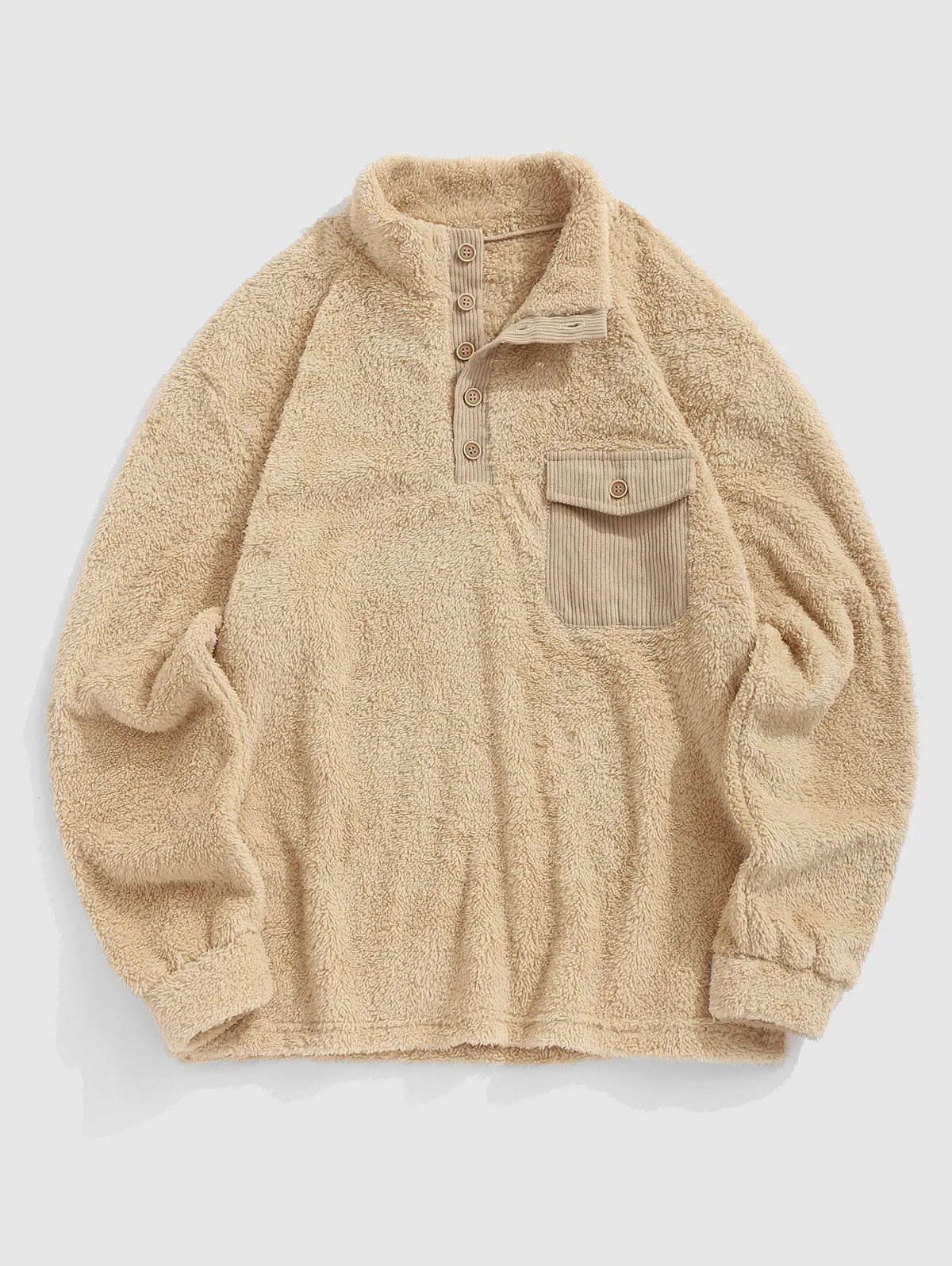ZAFUL Pocket Design Quarter Button Corduroy Faux Fur Spliced Fluffy Teddy Sweatshirt