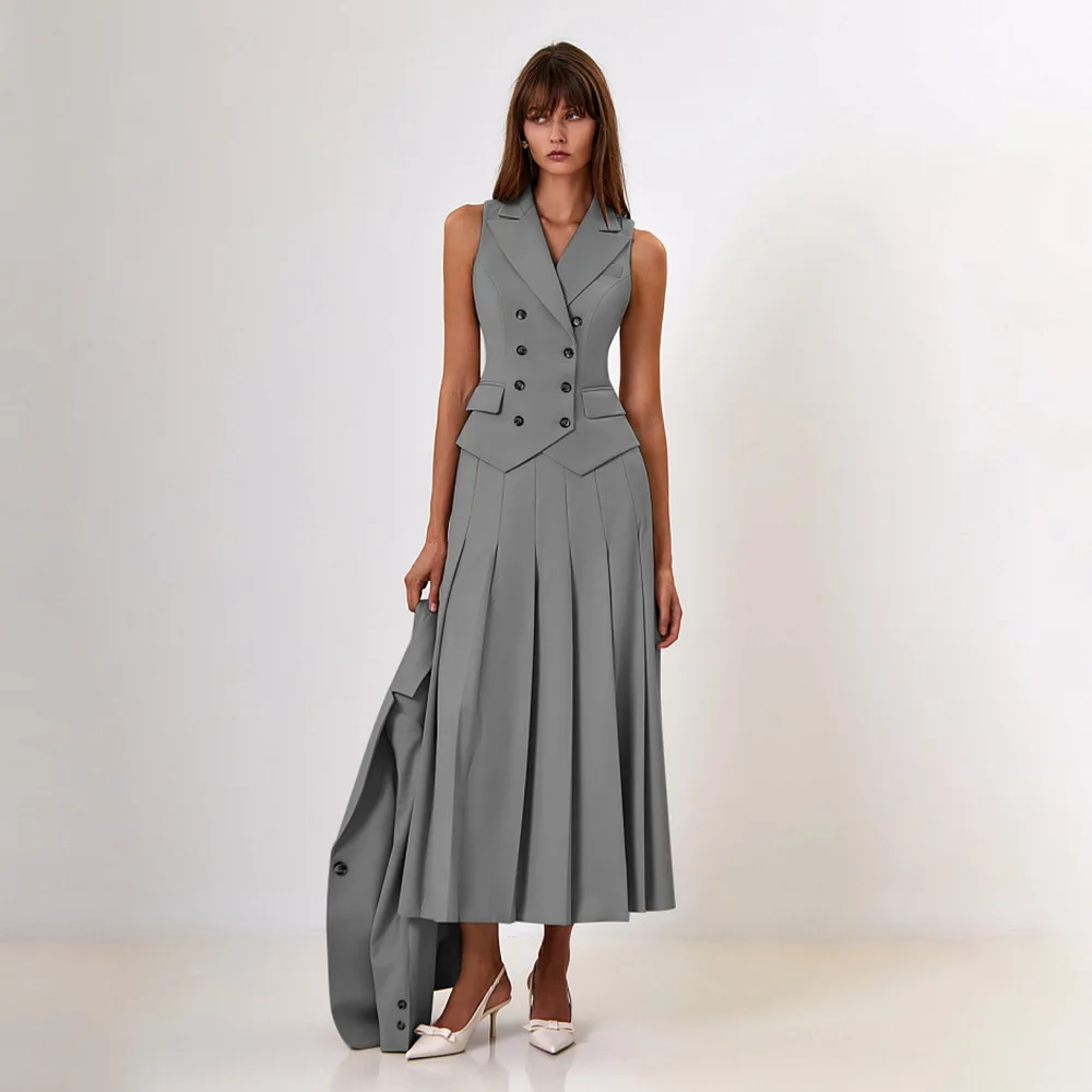 Women Skirt Set Autumn Elegant Long Skirt Suit Sleeveless Vest Blazer And Pleated Long Skirt Two-Piece Suit Women  Skirt Outfits