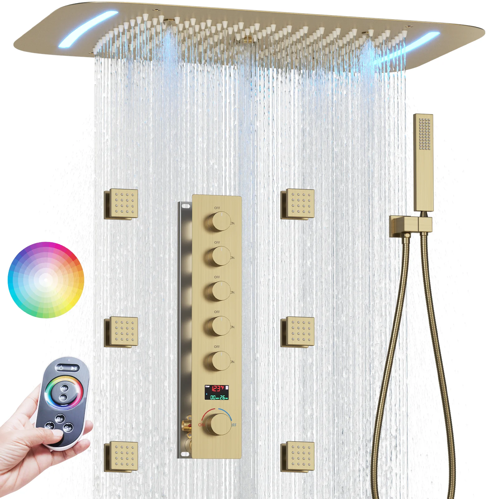 LED Brass 5 Features Shower Set Brushed Gold Shower Body Jets Smart Thermostatic Shower System for Home