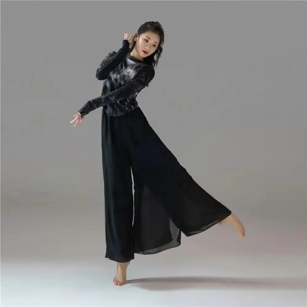 

New Modern Dance Classical Dance Black Tie-dye Top Performance Practice Costume Yoga Flowing Chiffon Wide Leg Pants