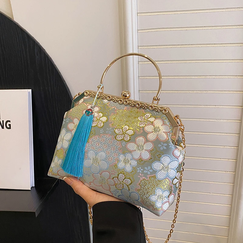 

Women's Embroidered Floral Shoulder Bags Fashion Metal Handle Purse with Detachable Chain Strap Elegant Handbags Gift Her wallet