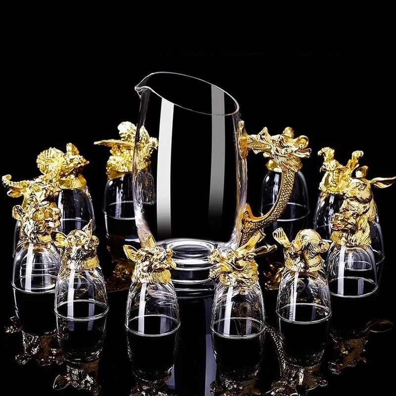 Creative Gold Plated Animal Head Glass Wine Glass Craft Gift Wine Dispenser Vodka Zodiac Wine Glass Set Fine Art Home Decoration