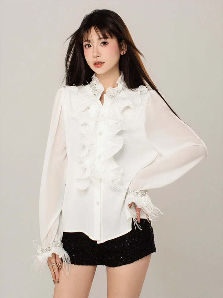 Blusa de penas de strass de luxo para mulheres primavera verão branco manga longa camisa com gola babados chiffon tops 2025 INKEO 5T009