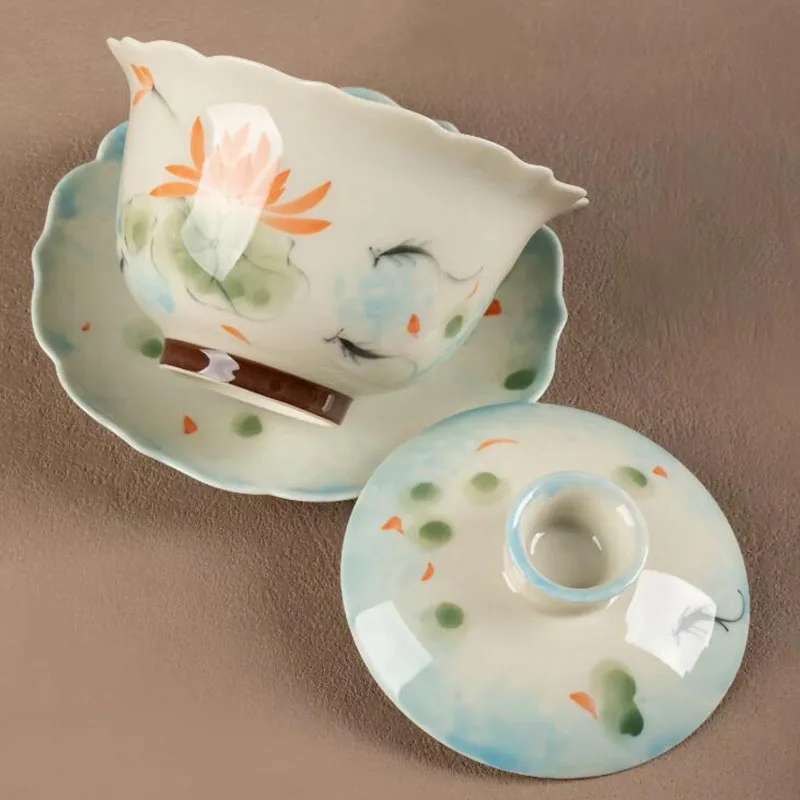 Plant Ash Porcelain Sancai Gaiwan Lotus Pattern Tea Tureen Cover Bowl Kungfu Tea Cup Teaware Set Tea Ceremony