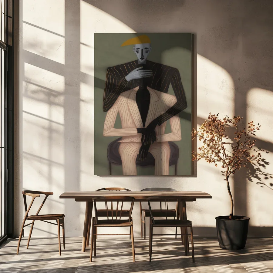 Abstract Figure Wall Art Print, Two Men Decor Painting, Surreal Portrait Poster, Modern Cubist Art for Living Room Bedroom