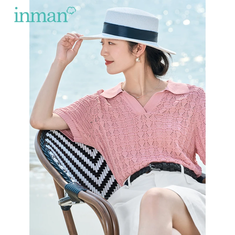 

INMAN Women Knitwear 2023 Summer Short Sleeve Polo V Neck Loose T-shirt Hollowed Out Printing Casual Apricot Pink Tops