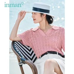 INMAN Women Knitwear 2023 Summer Short Sleeve Polo V Neck Loose T-shirt Hollowed Out Printing Casual Apricot Pink Tops