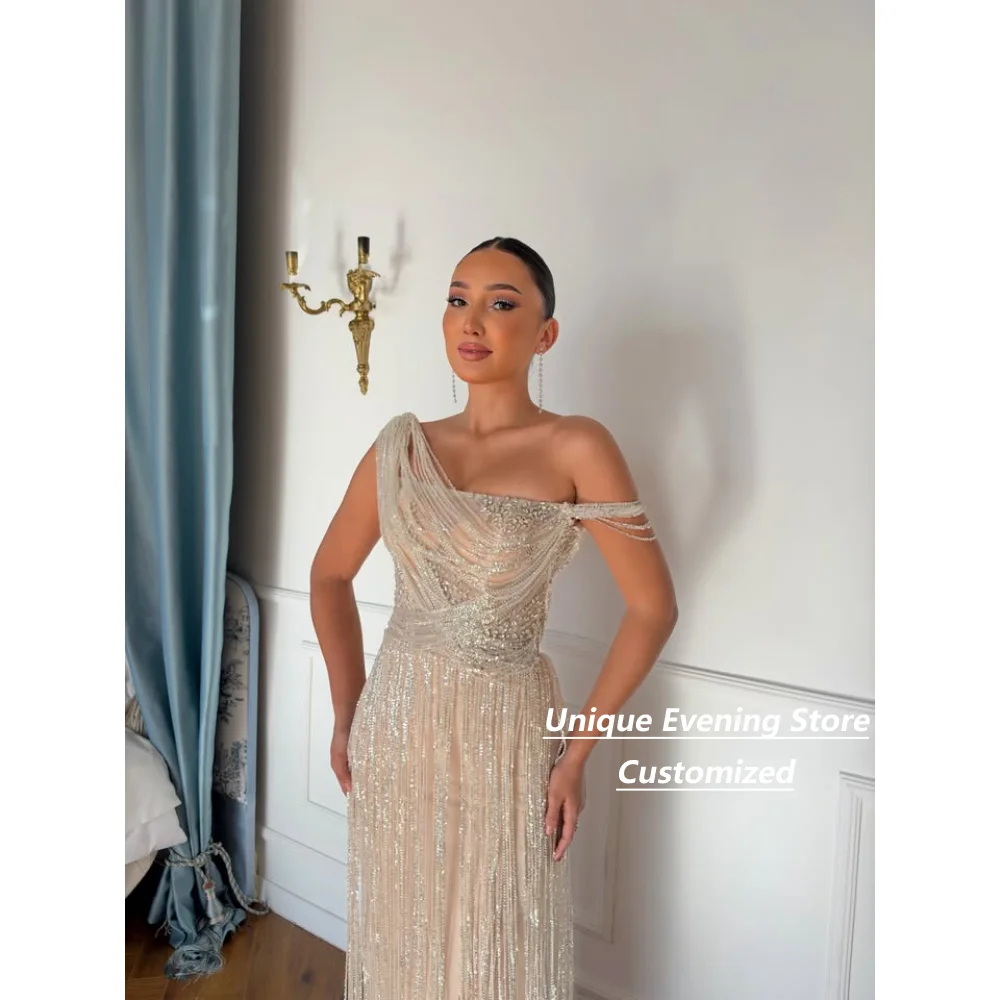 Customized Champagne Tulle Beaded Fringe Mother of the Bride Dresses Evening Gown One Shoulder Mermaid Formal Long Dress