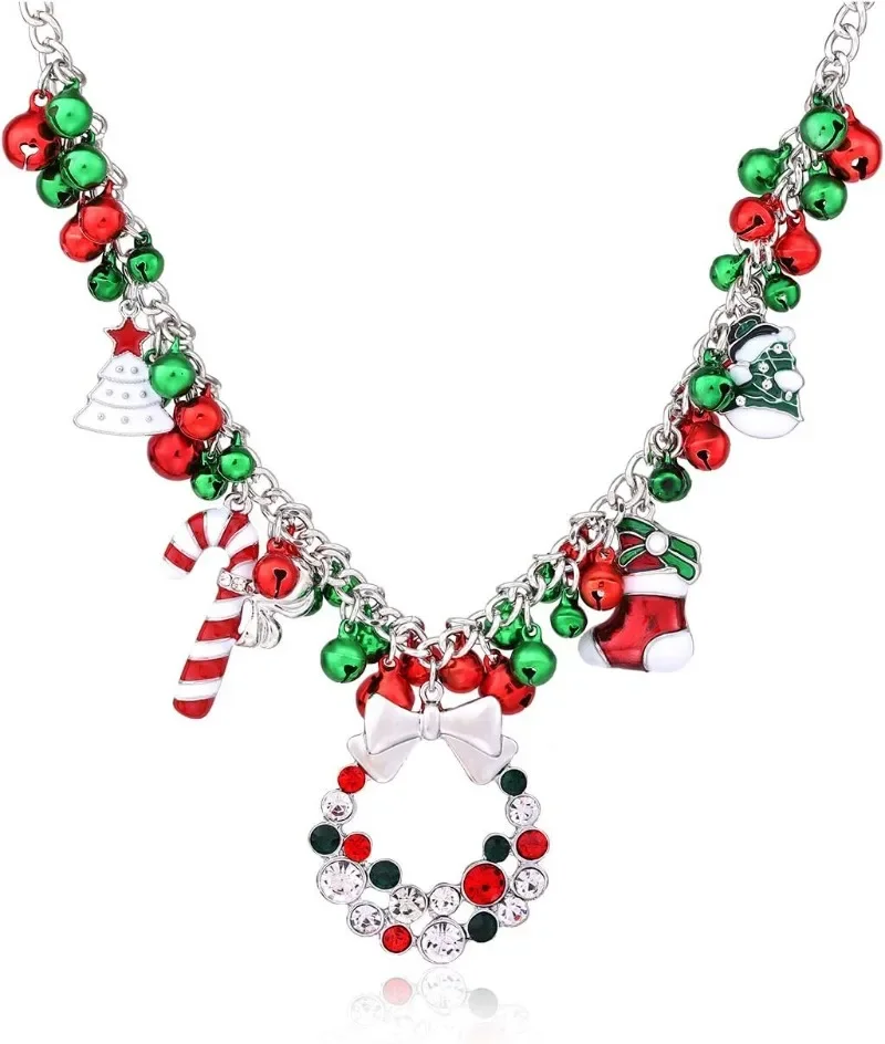 Christmas Jingle Bell Necklace Women Chunky Crystal Teardrop Pendant Necklace for Girls Xmas Gift Jewelry image 2