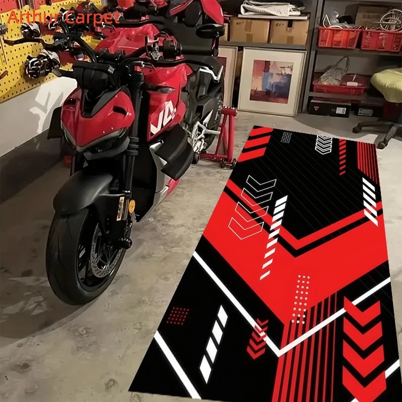 VIKAMA Rot-Schwarze Geometrische Rennmotorrad-Garagenmatte Rutschfeste Ölbeständige Strapazierfähige Ausstellungsmatte für Wohnraumdekoration