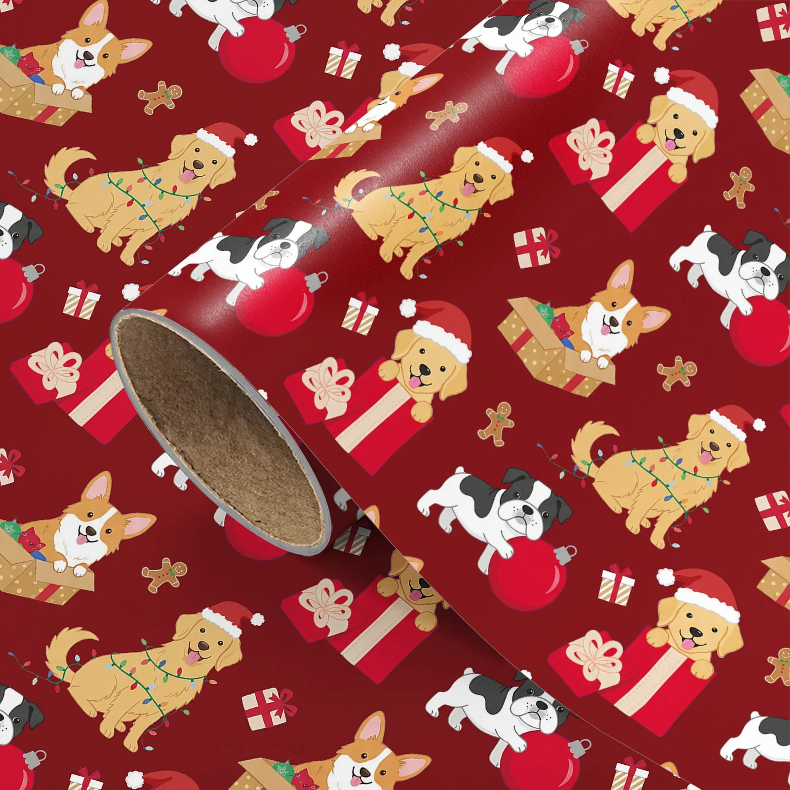 1 Roll of Red-Backed Christmas Cute Dog Wrapping Paper, Corgi, Golden Retriever, French Bulldog Style, Pet-Themed Gift DIY Decorative Paper, 43.2cm X 300cm (17inch X 9.84 Feet)