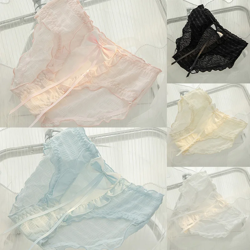 Girly Mid-rise Panties Sweet Princess Style Briefs Bubble Breathable Mesh Comfortable Bow Cute  Pure Desire Sexy