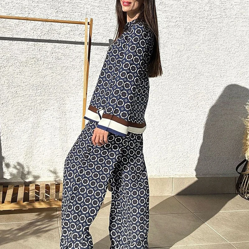 Retro Pattern Print Loose Harajuku Suit Women Spring Single Brasted Lapel Shirt+Wide Leg Pants Outfit Fall Long Sleeve 2pcs Sets