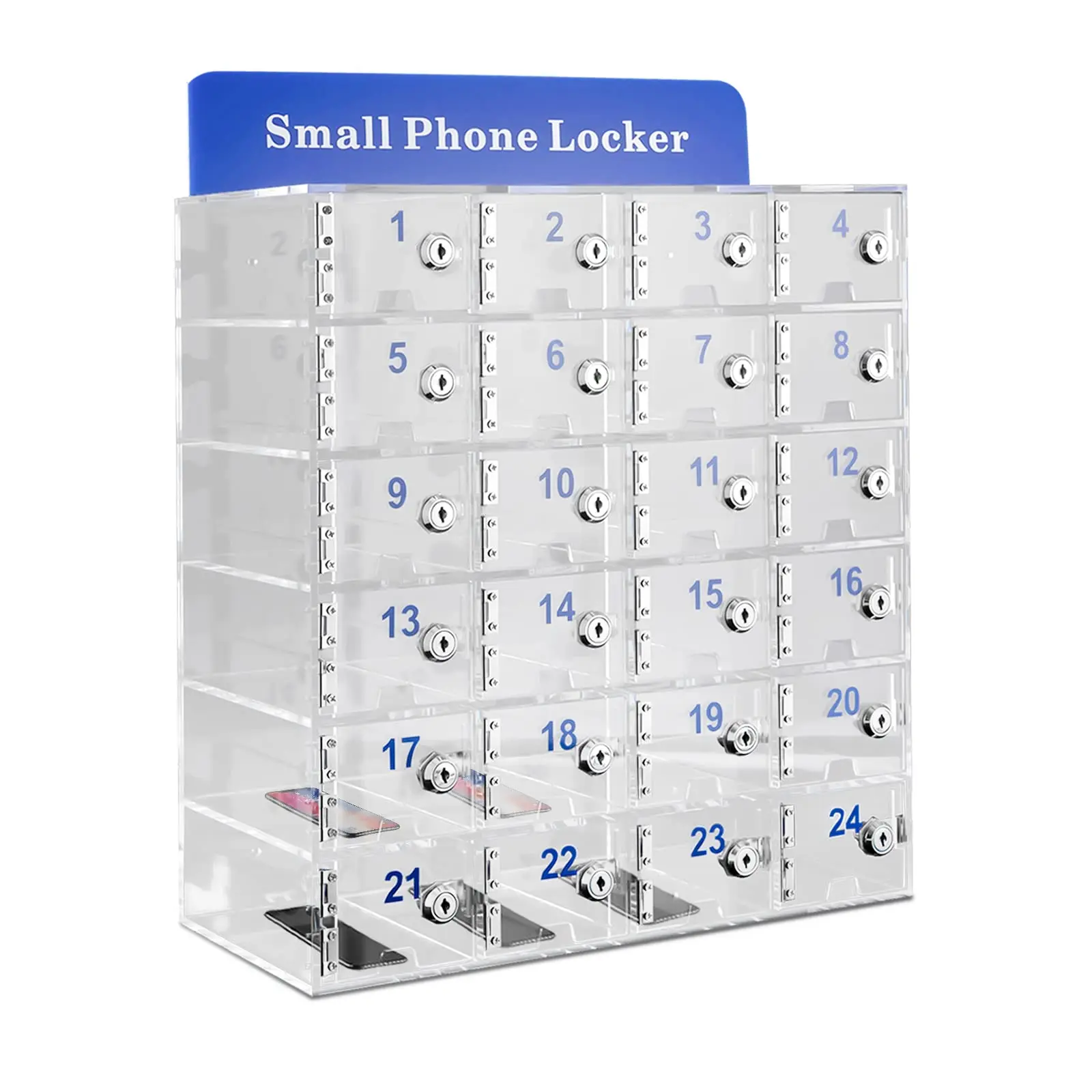 Loyalheartdy 24-слотовый шкафчик для хранения сотового телефона Прозрачный шкафчик для сотового телефона с ключами, настенное акриловое хранилище для сотовых телефонов