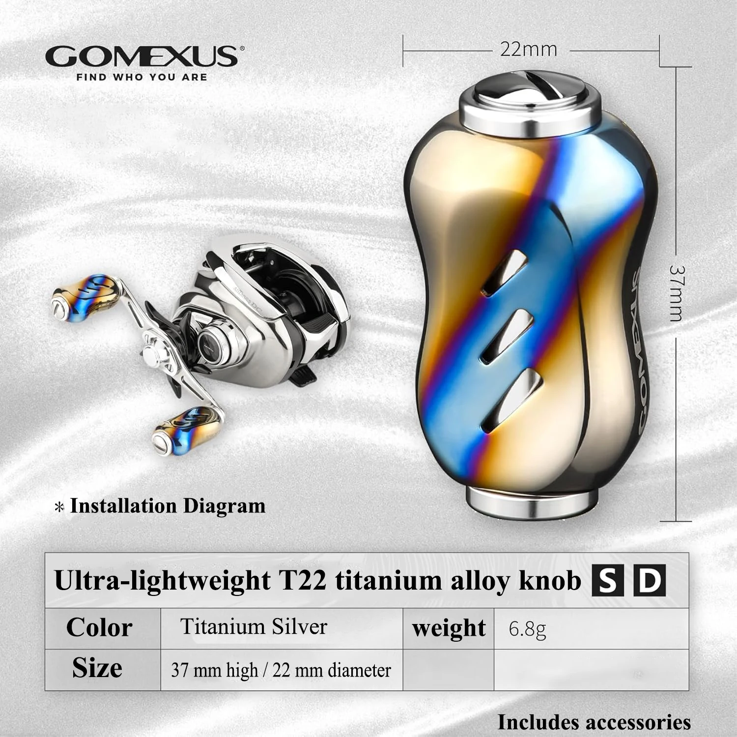 Gomexus Knopf aus Titan, 22 mm, Angelknopf, Ersatzgriff für Daiwa Typ S und Shimano Typ A Spinnrollen, ultraleicht – Detail 1