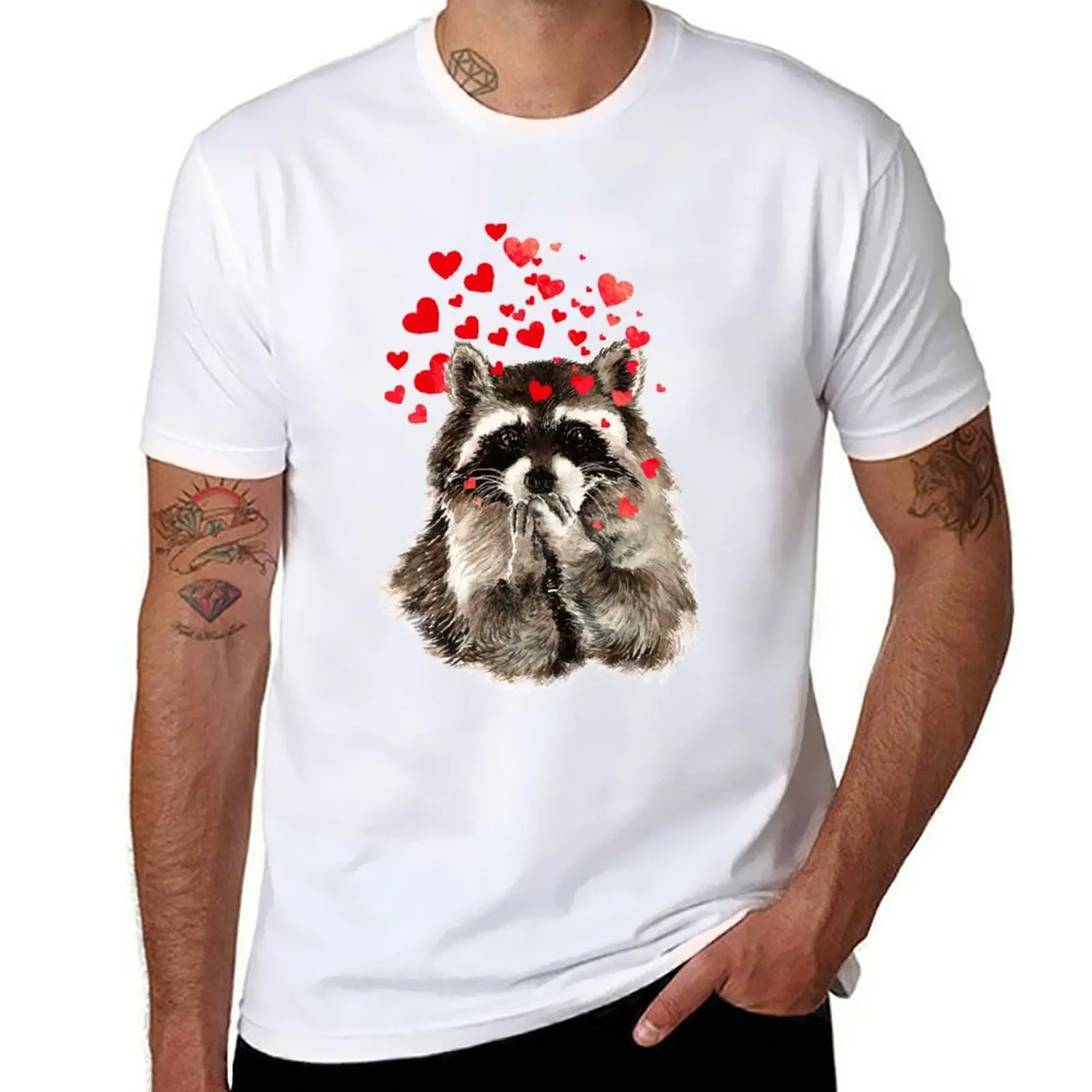 

Cute Watercolor Raccoon Blowing Kisses & Hearts T-Shirt man t shirt cotton high quality man graphic t shirt T-Shirt