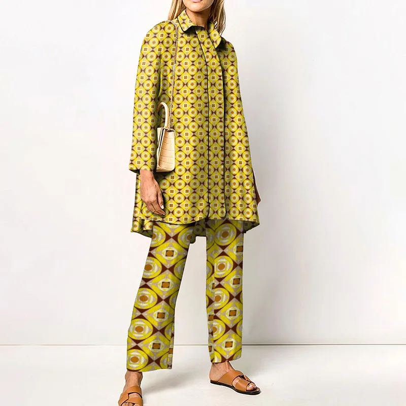 

Geometric Print Two Piece Outfit Long Sleeve Shirt and Wide Leg Pants Co-ord Set Casual Loose Fit Matching Set for Women