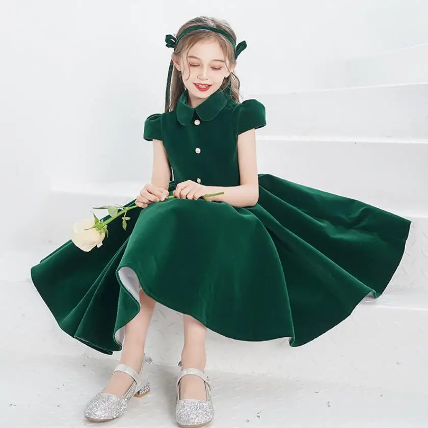 

2024 New Children's Wedding Teens Birthday Prom Evening Gown long Sleeve Girls Velvet Princess Dresses For Eid A3459