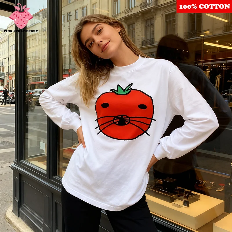 

Cartoon Tomato Cat Print T-shirt Women Autumn 2025 New 100% Cotton Oversize White Long sleeves T-shirt Y2k Top Ladies clothing