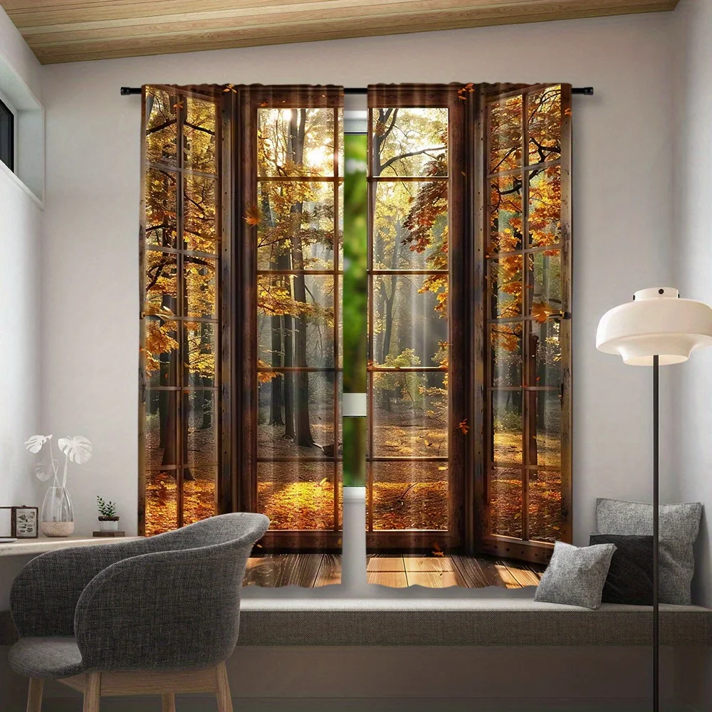 Realistic Autumn Forest Scene Curtains for Living Room Home Decor Window Drapes Sunlight Effect