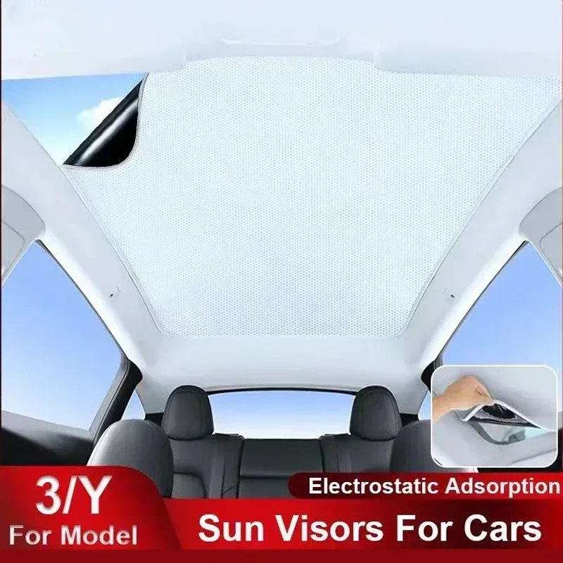 Tesla Model 3/Y 2021-2023 Sunroof Sunshade Curtains, Heat Insulation Canopy with Electrostatic Adsorption and Sunscreen Function