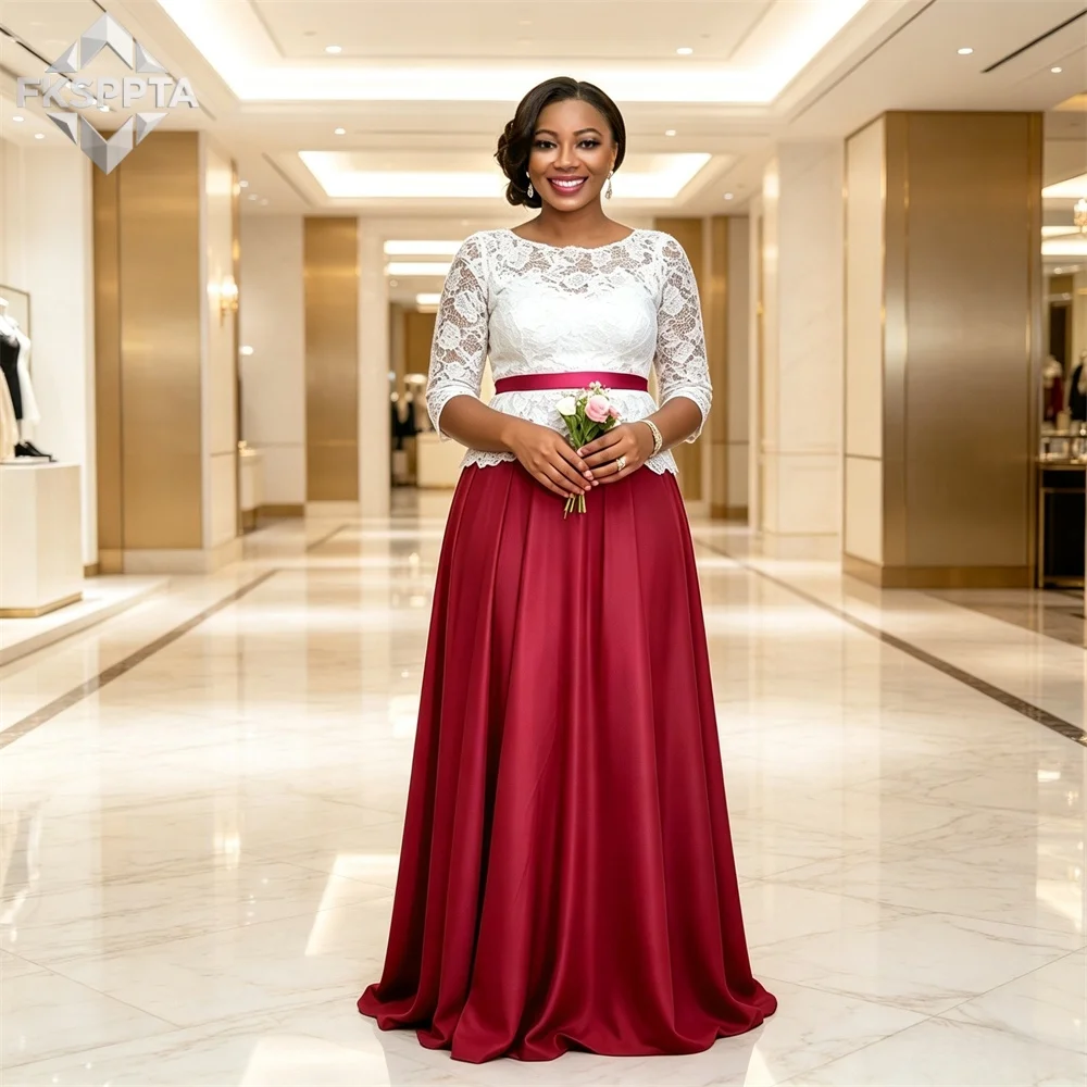 Long Elegant Burgundy Bridesmaid Dresses For Black Women A Line 3/4 Sleeves White Lace Satin Maids Of Honor Gowns For Wedding