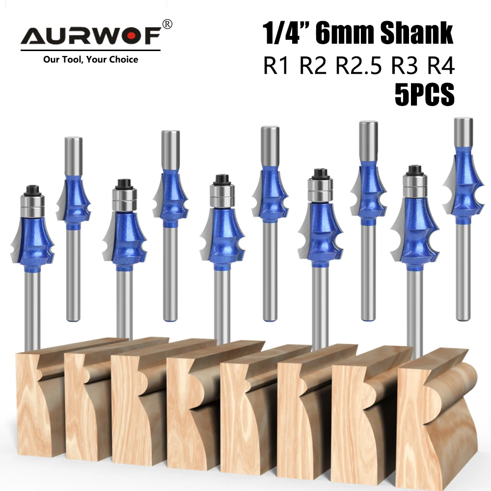 AURWOF 6mm Shank Flush Trim Router Bit Set,5-Piece TCT Template Cutter Kit, Ball Bearing Guided Woodworking Pattern Tracing Tool