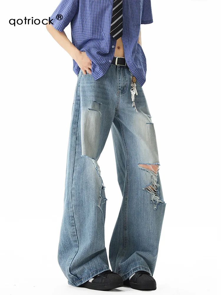 Calças Jeans Retrô Americanas com Efeito Desgastado e Padrão de Bambu, Unissex, Tendência de Verão, Design Solto Casual, Cint...
