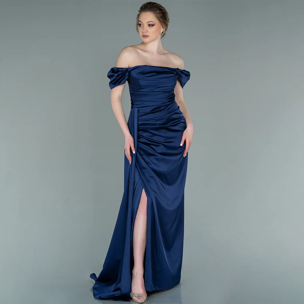 Navy Blue Wedding Guest Dresses for Women Off the Shoulder Column Bridesmaid Gowns Long Criss Cross Split Satin Evening Dress